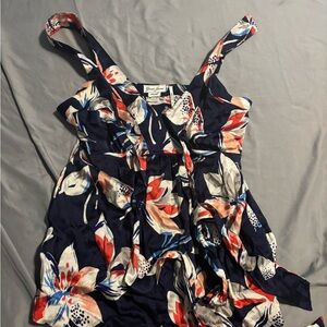 Navy Floral top with Red & Cream Blooms